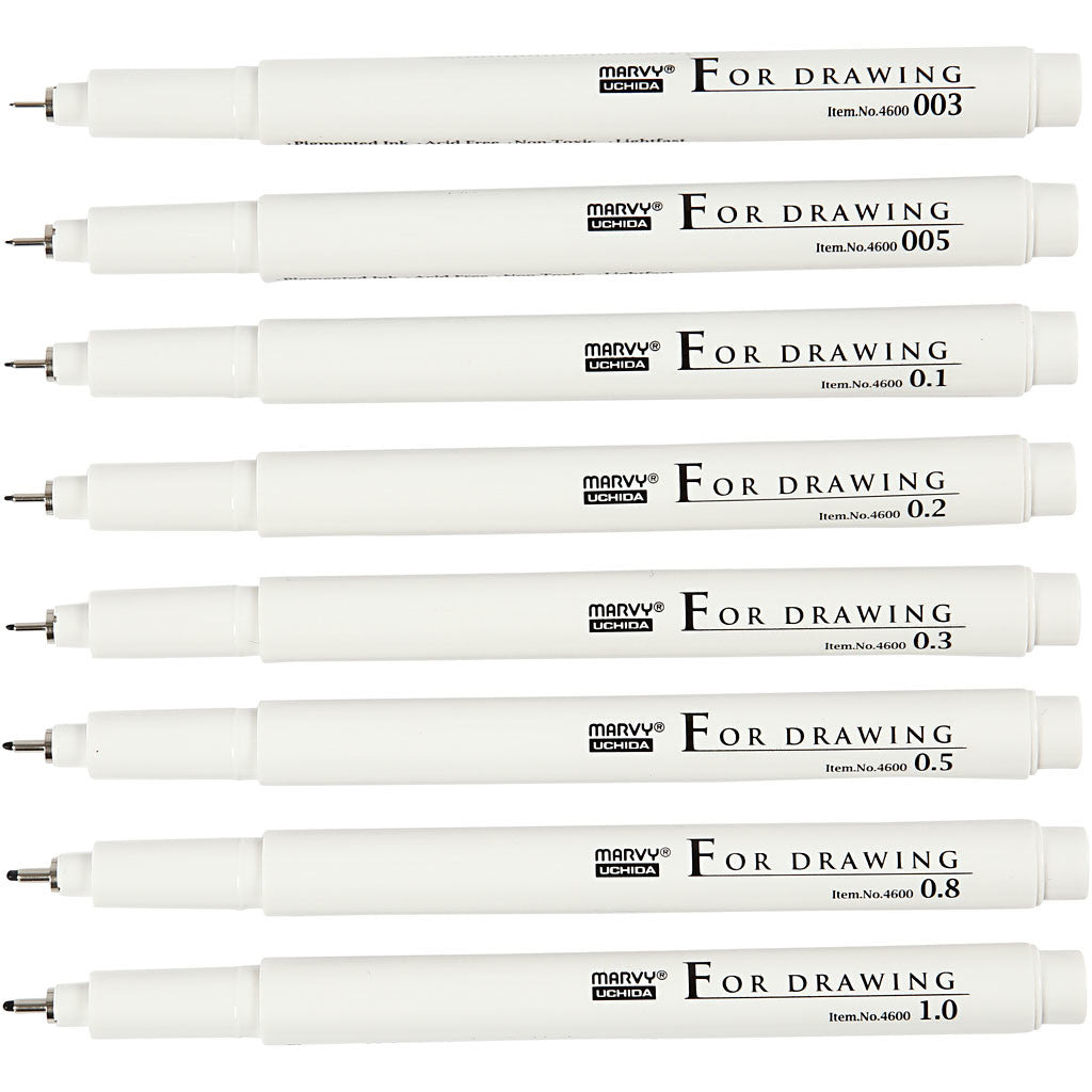 Fine Line Drawing Markers, line 0,03+0,05+0,1+0,2+0,3+0,5+0,8+1,0 mm, black, 8 pc/ 1 pack [HOB-25011]
