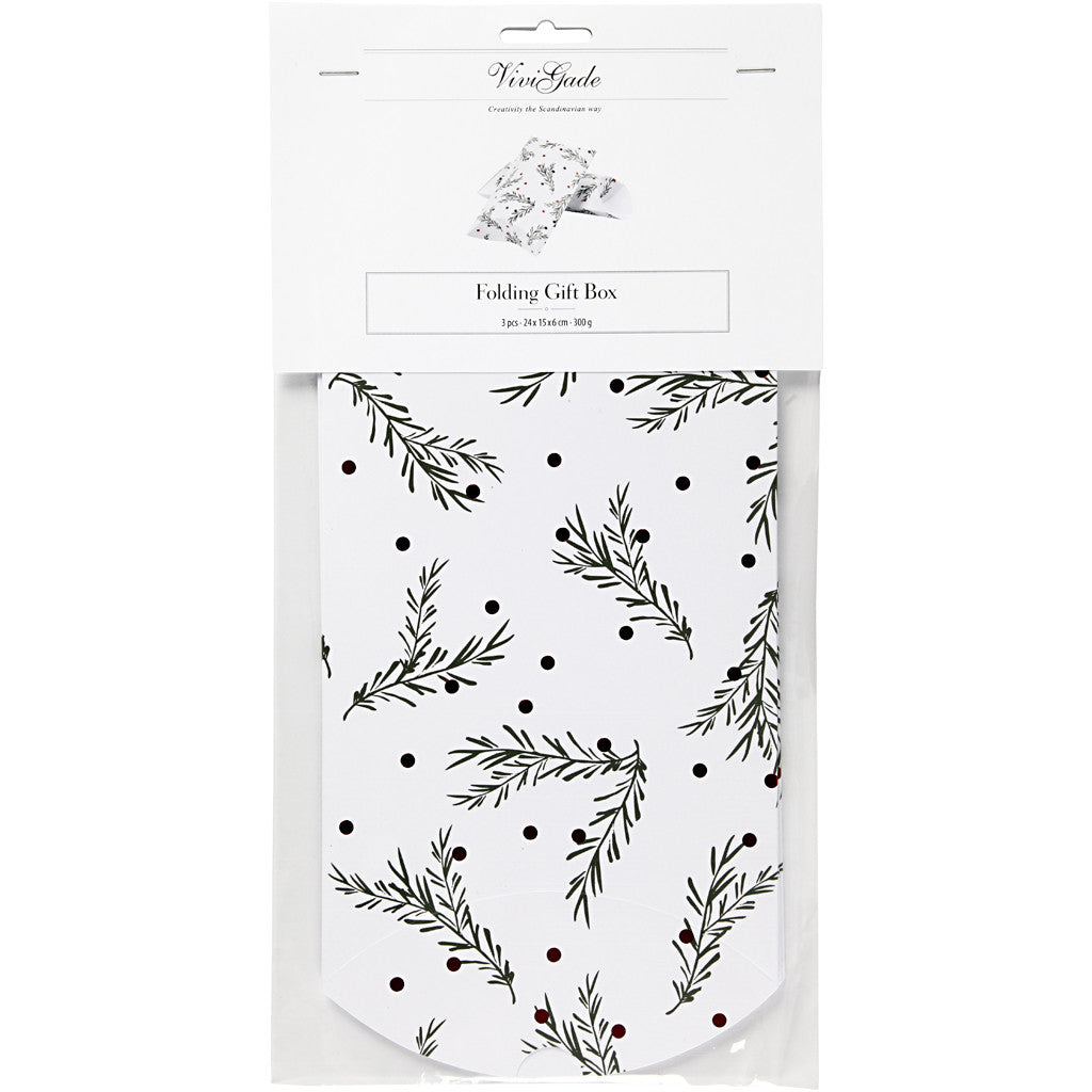 Pillow Box, spruce branch with christmas balls, size 18x15x6 cm, 300 g, green, metallic red, white, 3 pc/ 1 pack [HOB-25357]