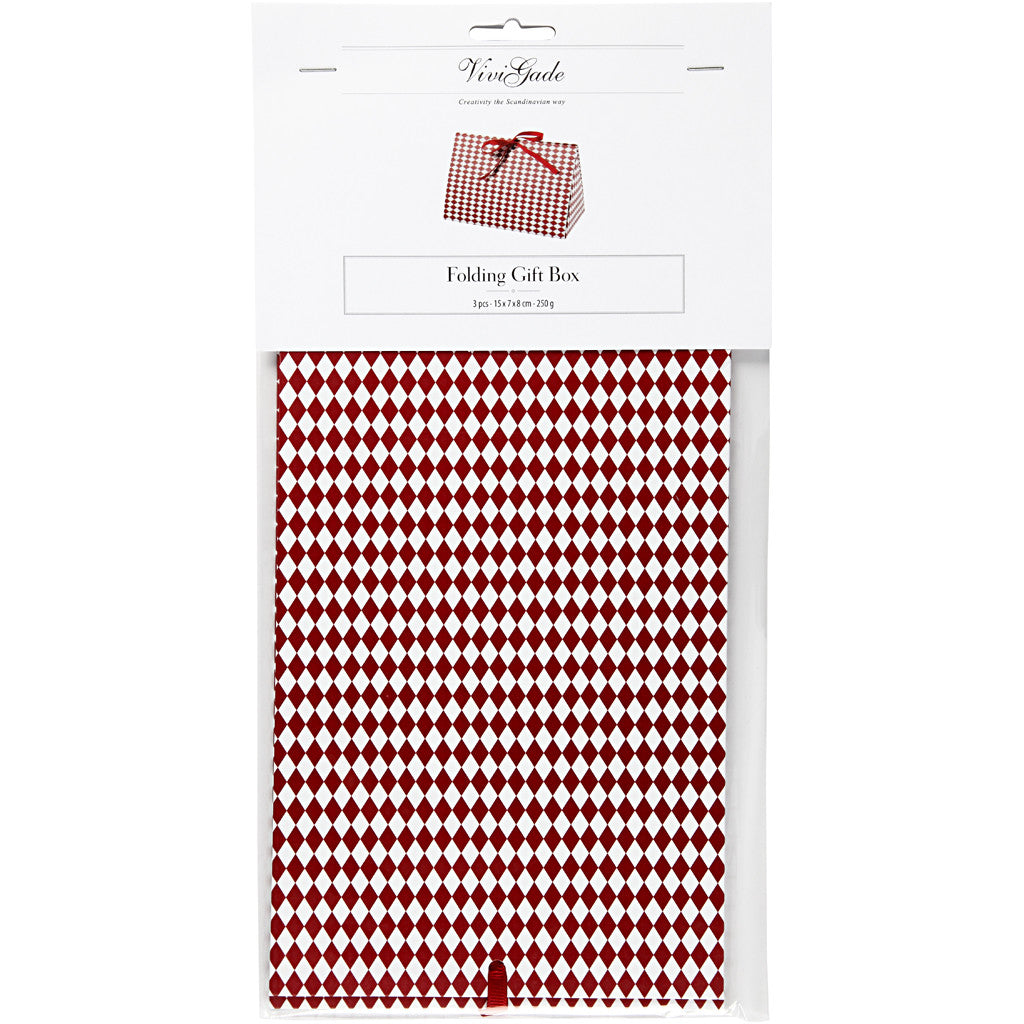 Folding gift box, harlequin pattern, size 15x7x8 cm, 250 g, red, white, 3 pc/ 1 pack [HOB-26299]
