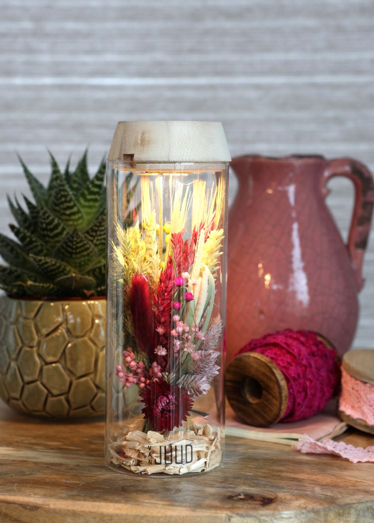 Glass cylinder with LED in wooden lid 23cm high (1 pcs.) [IFS-30181]