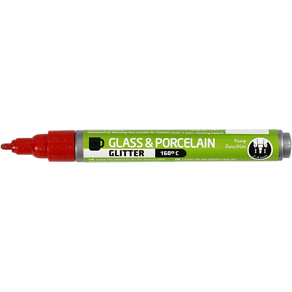 Glass & Porcelain Marker, glitter, line 2-4 mm, semi opaque, red, 1 pc [HOB-31303]
