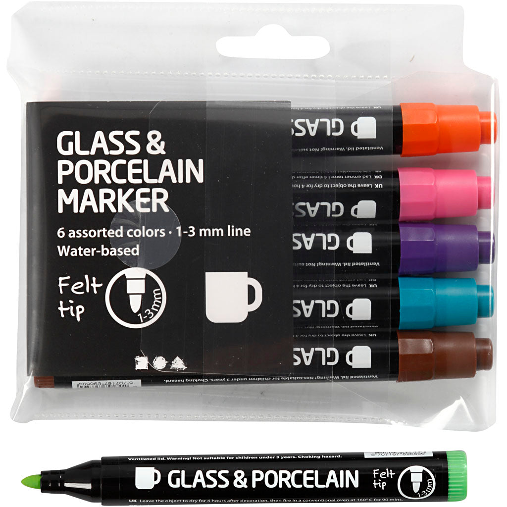 Glass and Porcelain Markers, line 1-3 mm, semi opaque, additional colours, 6 pc