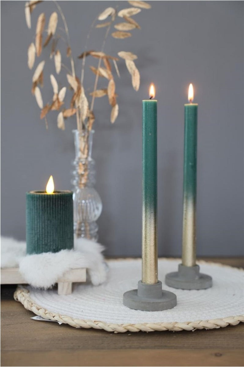 Dinner Candles mos Green with Gold Spray Ø2.1/h. 25cm (1 set) [IFS-32310]