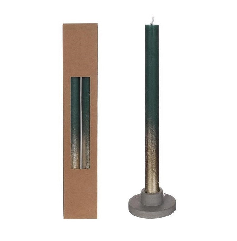 Dinner Candles mos Green with Gold Spray Ø2.1/h. 25cm (1 set)
