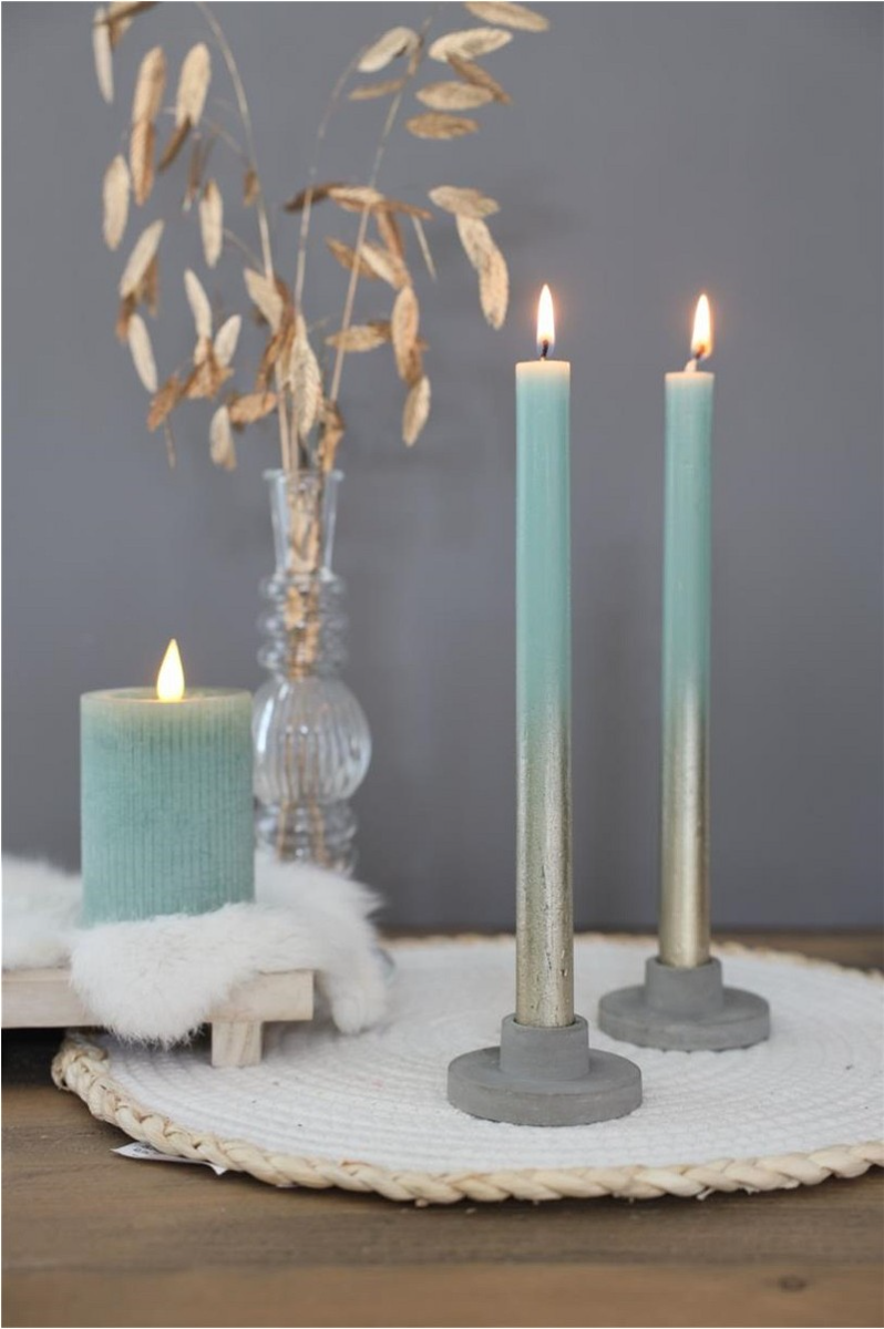 Dinner Candles eucalyptus Green with Gold Spray Ø2.1/h. 25cm (1 set) [IFS-32315]