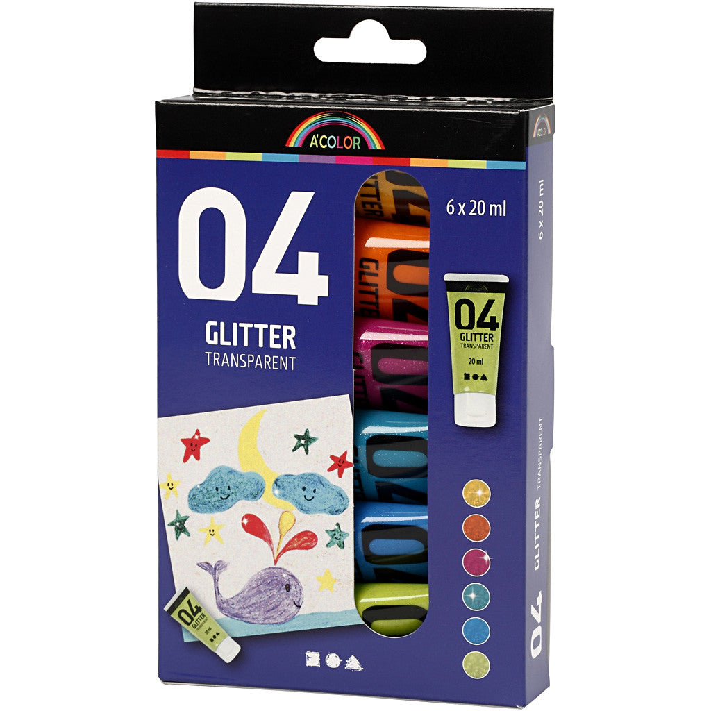 Glitter Acrylic Paint, assorted colours, 6x20 ml/ 1 pack [HOB-32501]