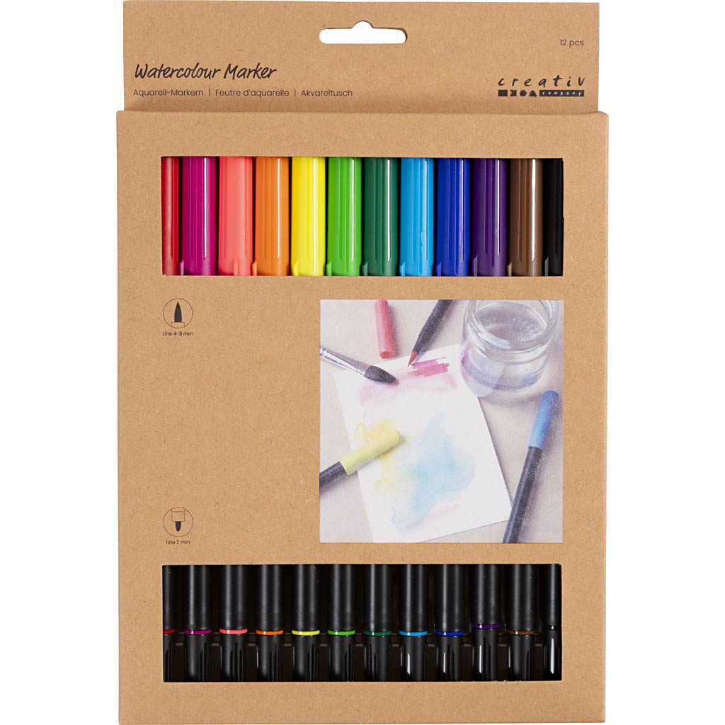 Watercolour Marker, line 2+4-8 mm, standard colours, 12 pc/ 1 pack [HOB-34339]