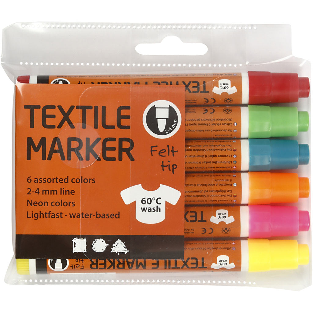 Textile Markers, line 2-4 mm, neon colours, 6 pc/ 1 pack [HOB-34835]