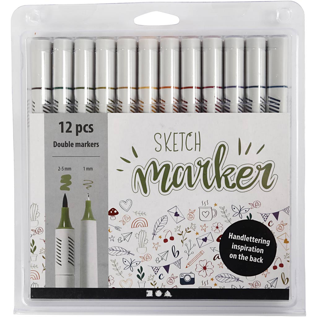 Sketch markers, line 1+2-5 mm, mute colours, 12 pc/ 1 pack [HOB-37379]