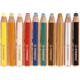 Woody 3-in-1 Pencils, L: 11 cm, thickness 16 mm, lead 10 mm, assorted colours, 10 pc/ 1 pack [HOB-38190]