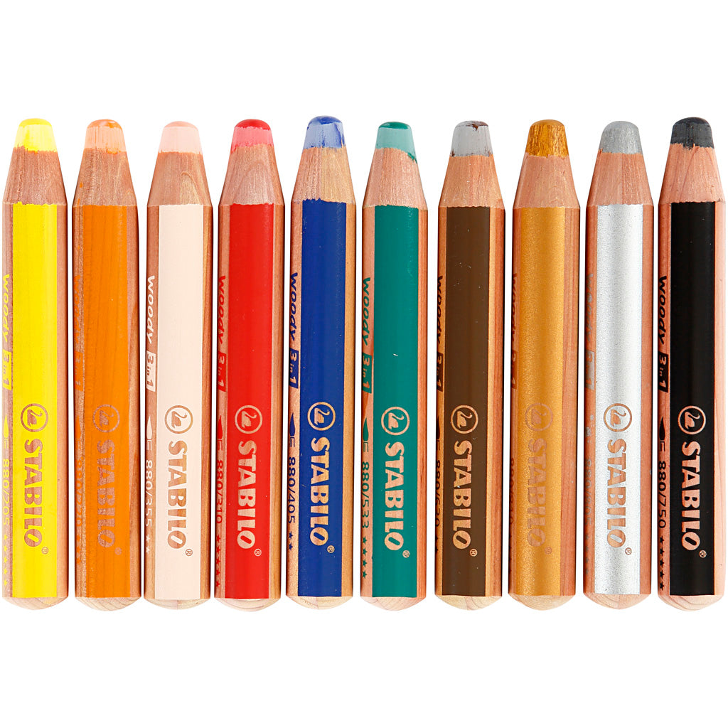 Woody 3-in-1 Pencils, L: 11 cm, thickness 16 mm, lead 10 mm, assorted colours, 10 pc