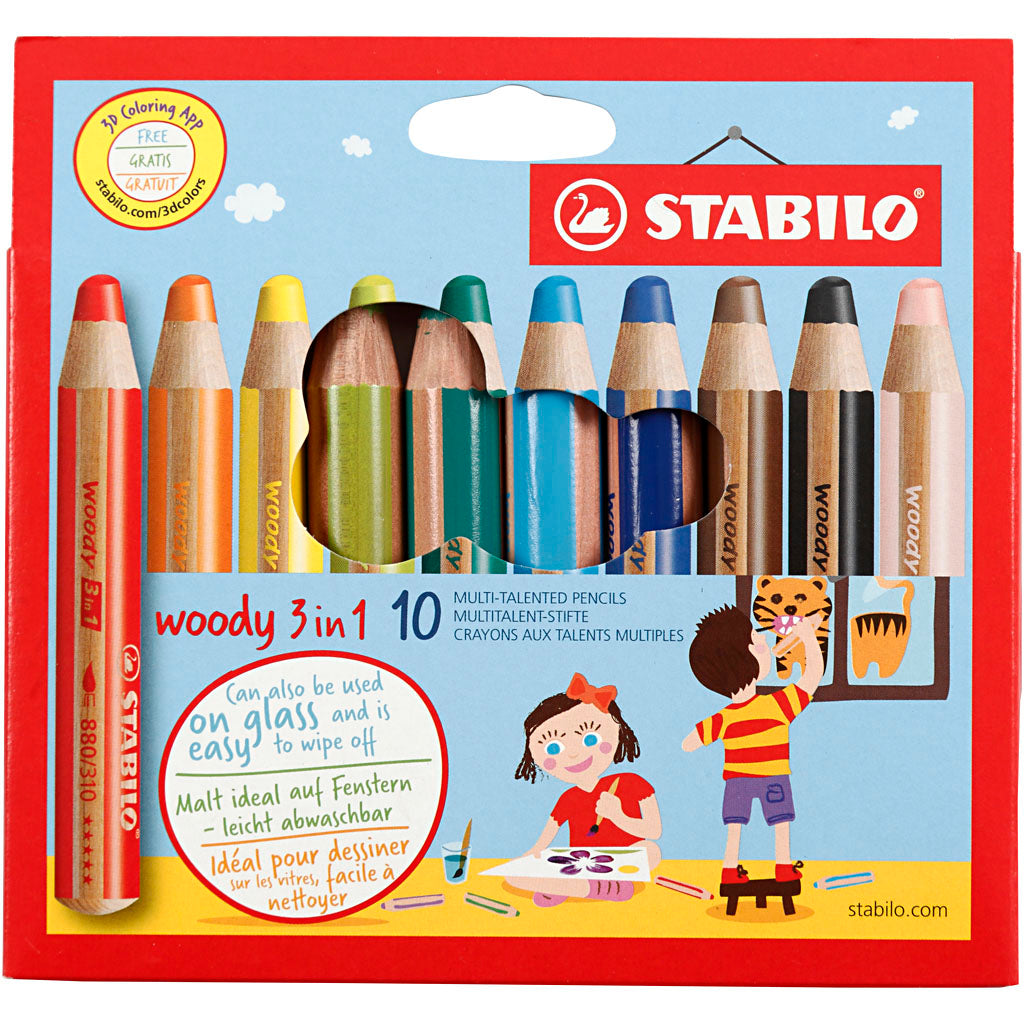 Woody 3-in-1 Pencils, L: 11 cm, thickness 16 mm, lead 10 mm, assorted colours, 10 pc/ 1 pack [HOB-38190]