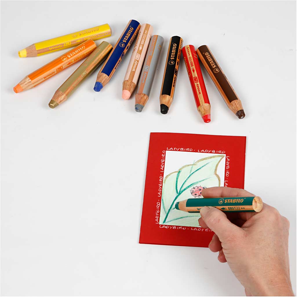 Woody 3-in-1 Pencils, L: 11 cm, thickness 16 mm, lead 10 mm, assorted colours, 10 pc/ 1 pack [HOB-38190]