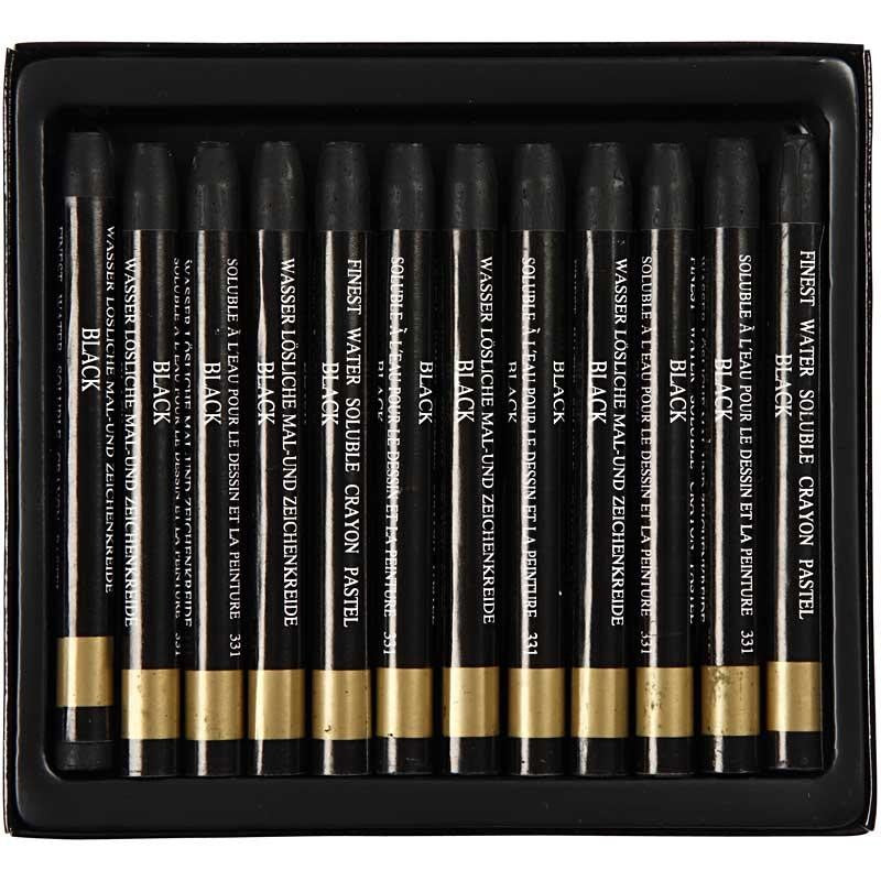 Watercolor Crayons, L: 9,3 cm, thickness 8 mm, black (331), 12 pc/ 1 pack [HOB-38299]