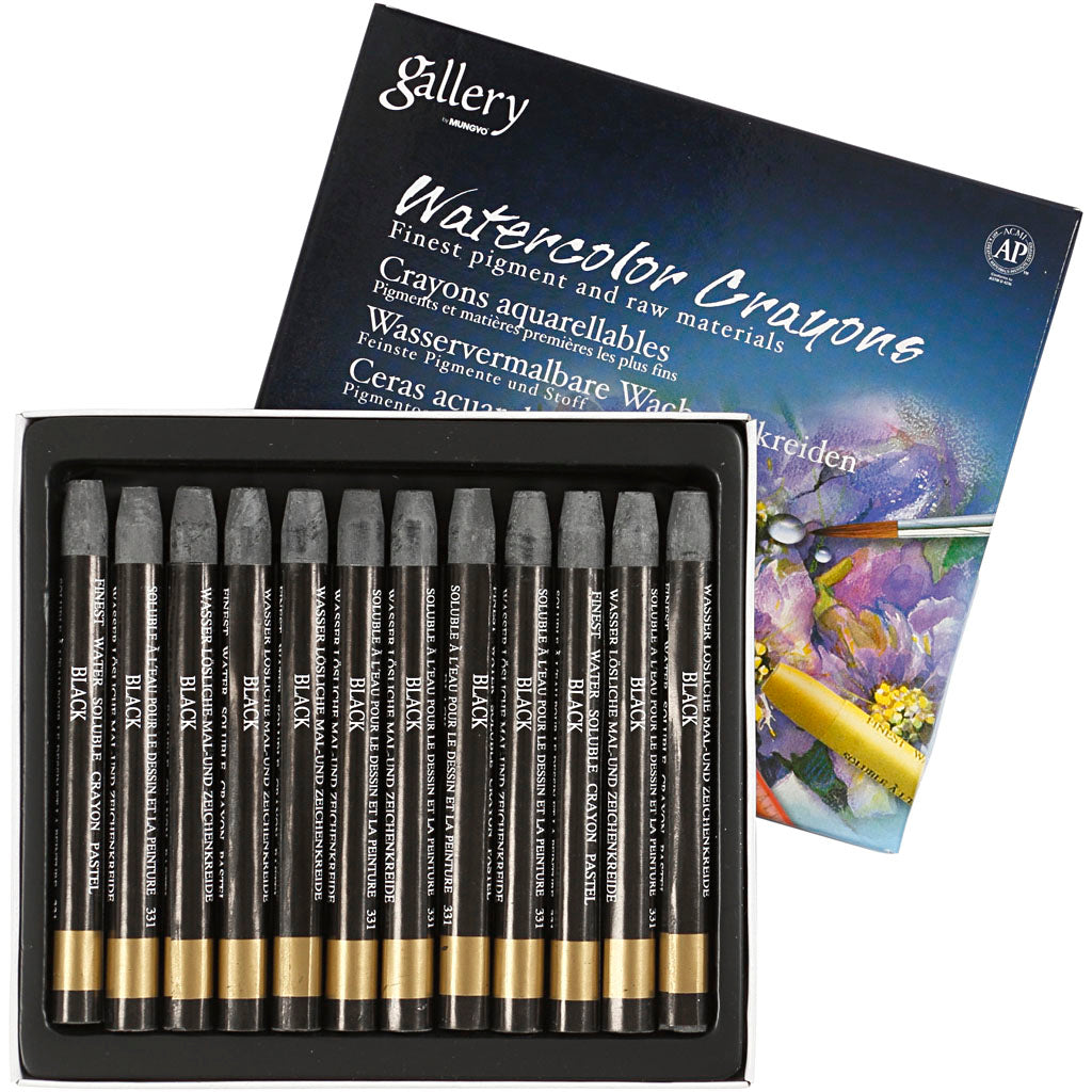 Watercolor Crayons, L: 9,3 cm, thickness 8 mm, black (331), 12 pc