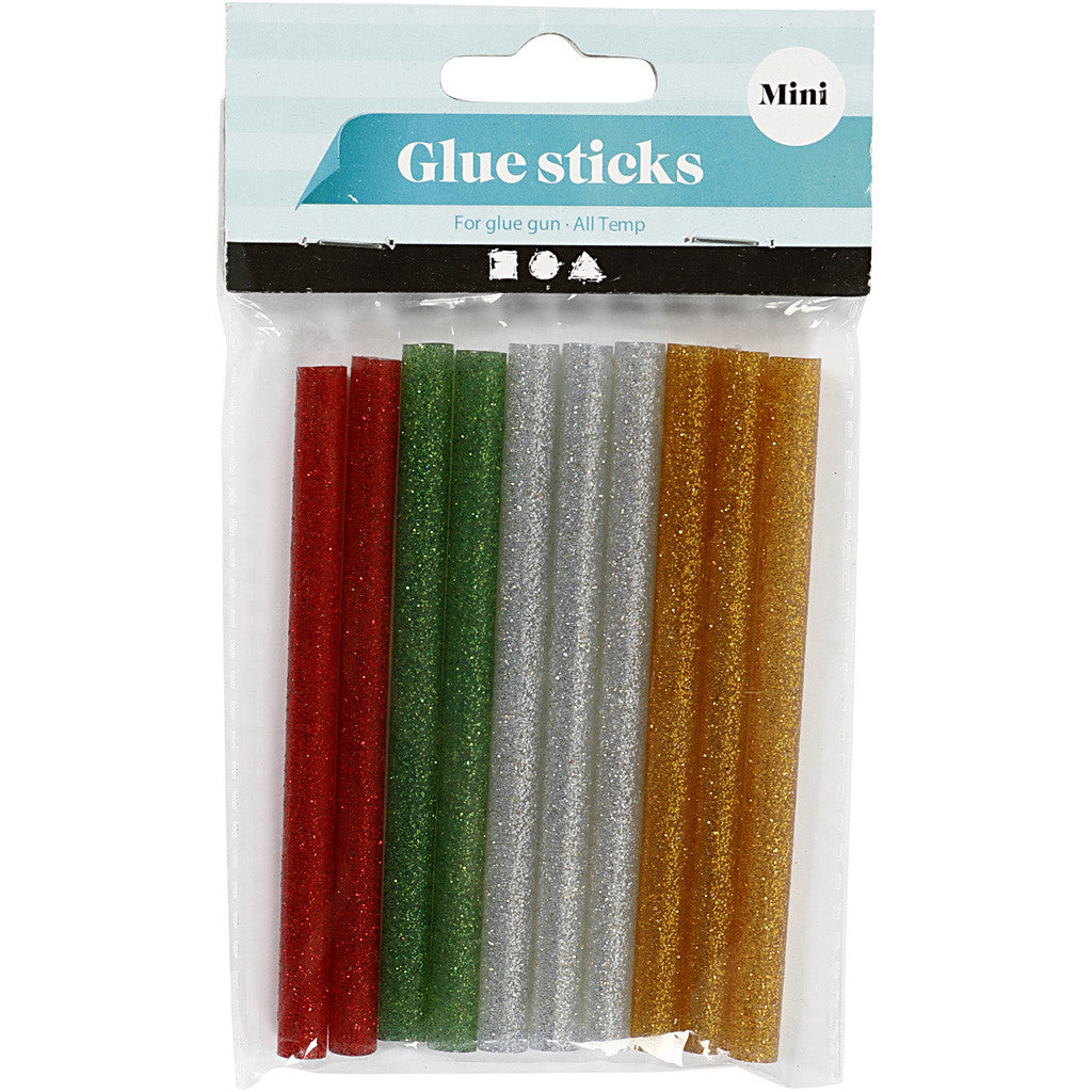 Glue Sticks Mini, L: 10 cm, dia. 7 mm, glitter, gold, green, red, silver, 10 pc/ 1 pack [HOB-39137]