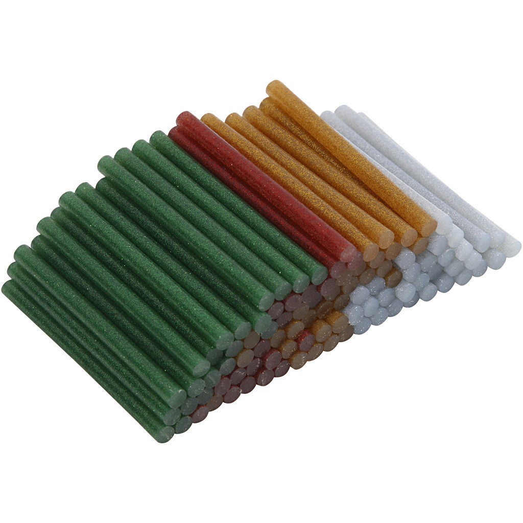 Glue Sticks Mini, L: 10 cm, dia. 7 mm, glitter, gold, green, red, silver, 100 pc/ 1 pack [HOB-39147]