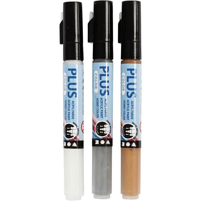 Plus Color Marker, L: 14,5 cm, line 1-2 mm, gold, silver, off-white, 5,5 ml, 3 pc/ 1 pack [HOB-39892]