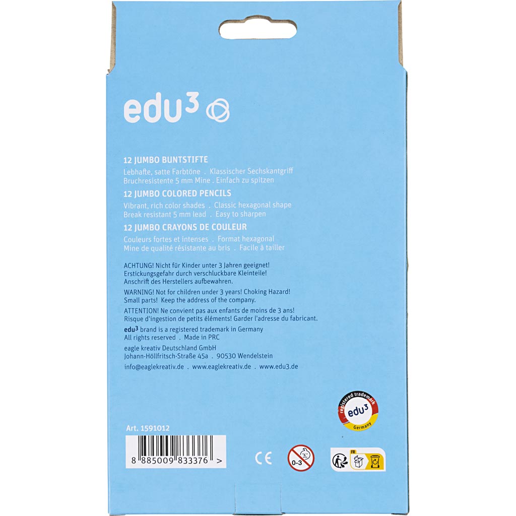 edu Jumbo Coloured Pencils, thickness 10 mm, lead 5 mm, assorted colours, 12 pc/ 1 pack [HOB-409812]