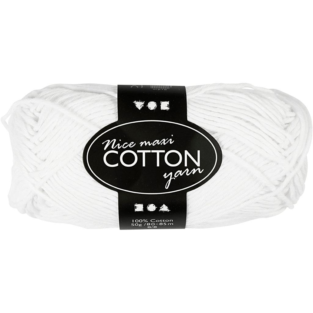 Cotton Yarn, no. 8/8, L: 80-85 M, size maxi, white, 50 g/ 1 ball
