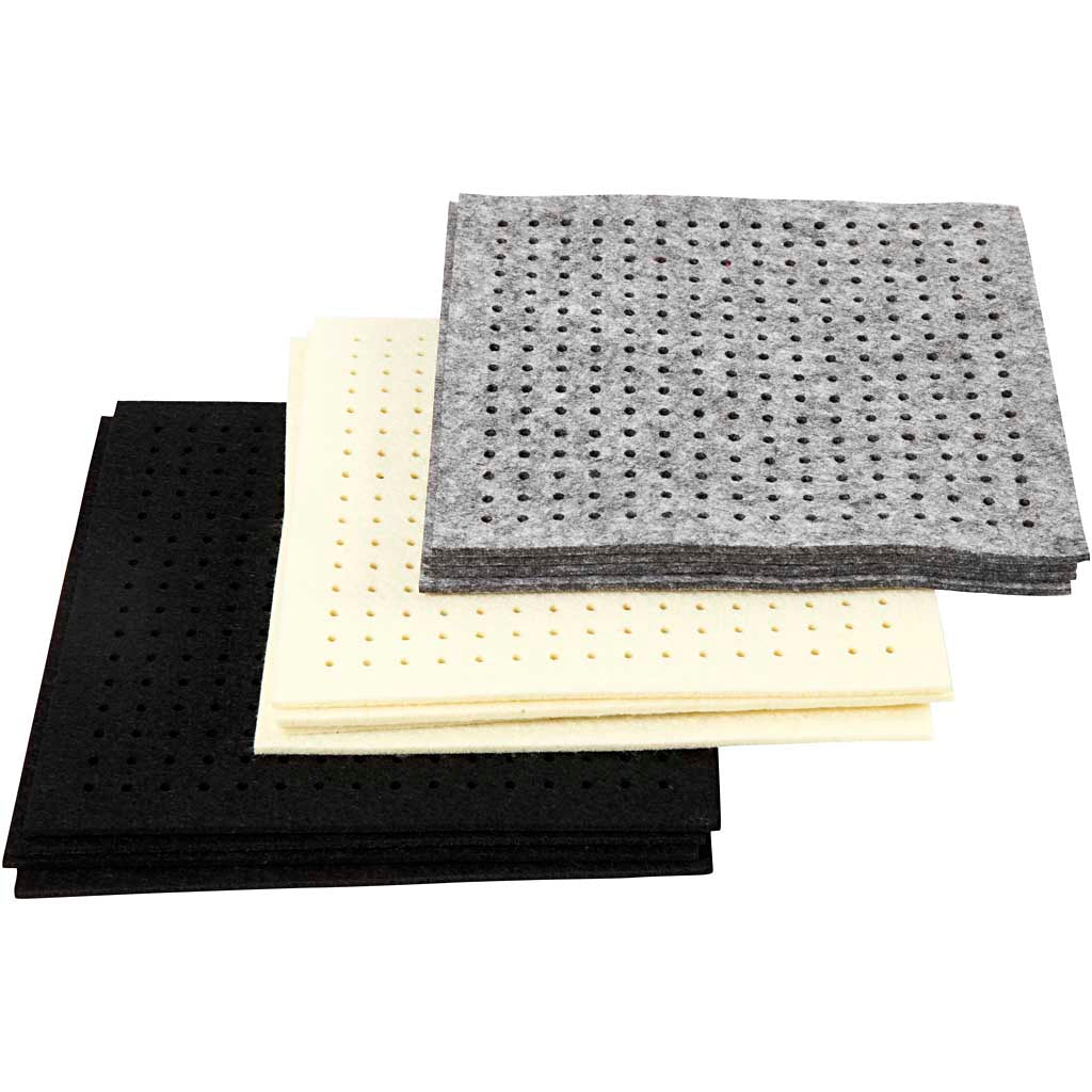 Craft Felt with Holes, size 20x20 cm, thickness 3 mm, black, grey, off-white, 3x4 sheet/ 1 pack [HOB-45208]