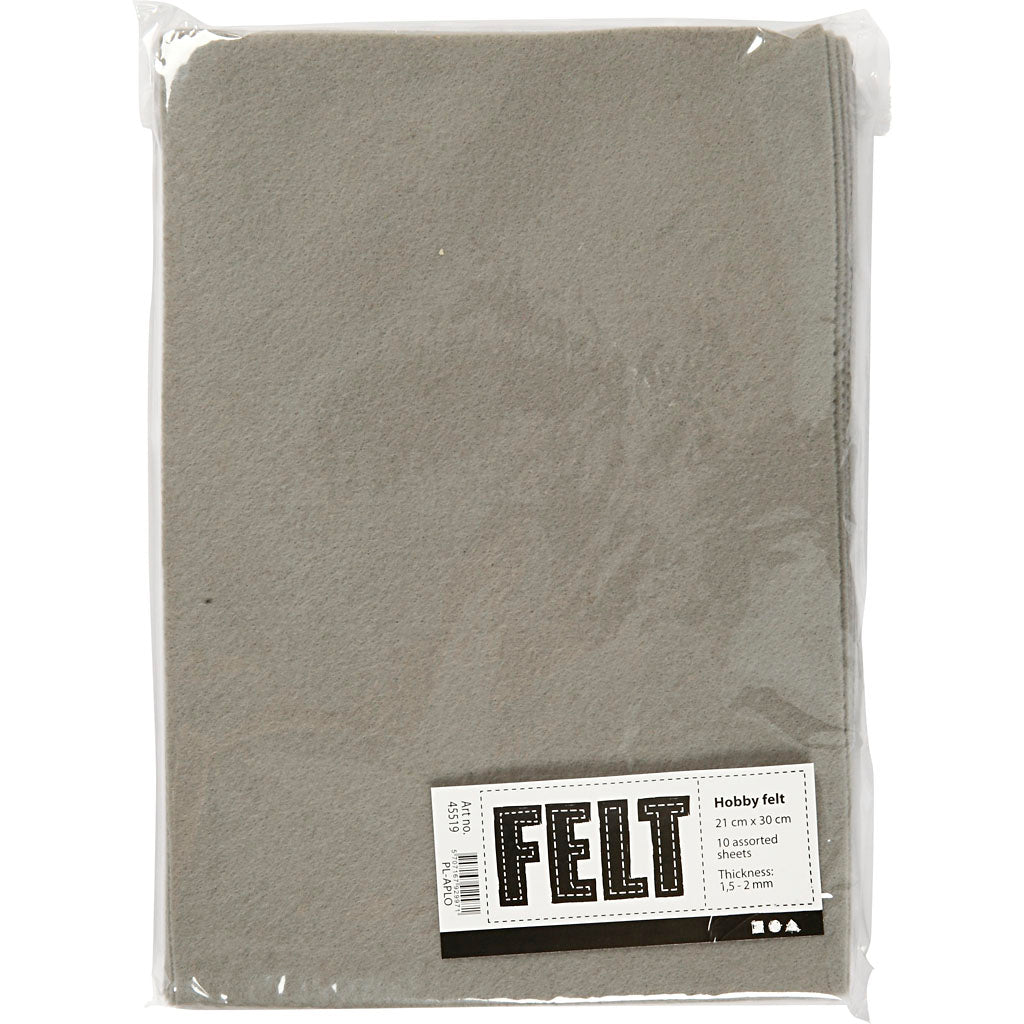Craft felt, A4, sheet 210x297 mm, thickness 1,5-2 mm, grey, 10 sheet/ 1 pack [HOB-45519]