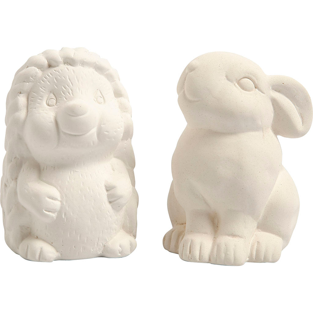 Money Box, hedgehog and hare, H: 10 cm, white, 2 pc