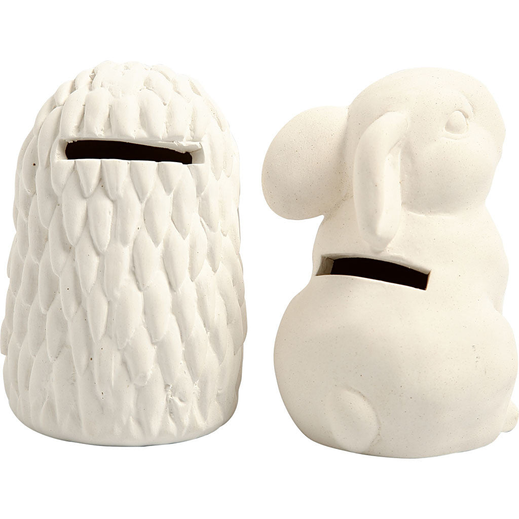 Money Box, hedgehog and hare, H: 10 cm, white, 2 pc/ 1 pack [HOB-50571]
