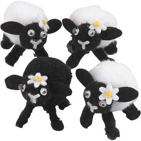 Easter lambs, H: 35 mm, black, white, 4 pc/ 1 pack [HOB-51681]