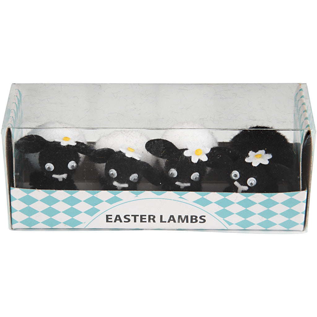 Easter lambs, H: 35 mm, black, white, 4 pc/ 1 pack [HOB-51681]