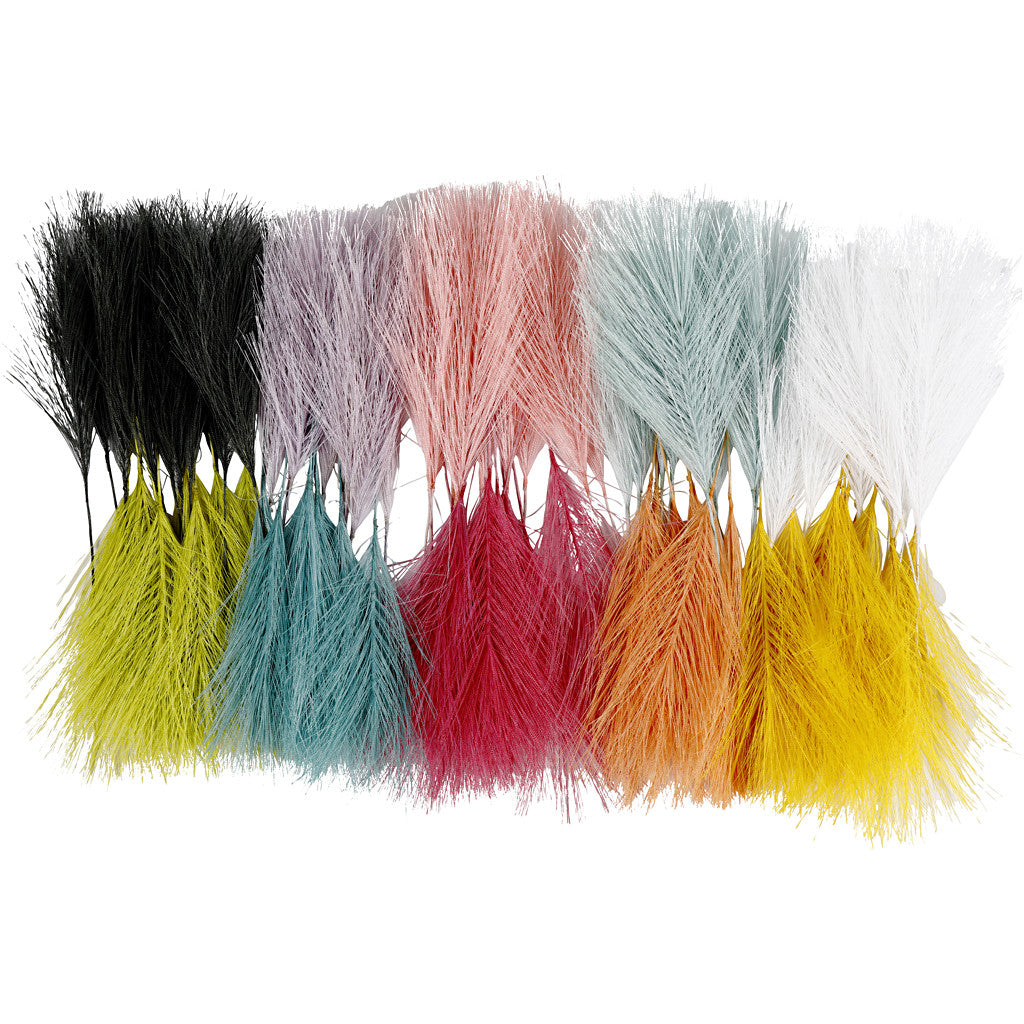 Artificial feathers, L: 15 cm, W: 8 cm, assorted colours, 10x10 pack/ 1 pack [HOB-51807]