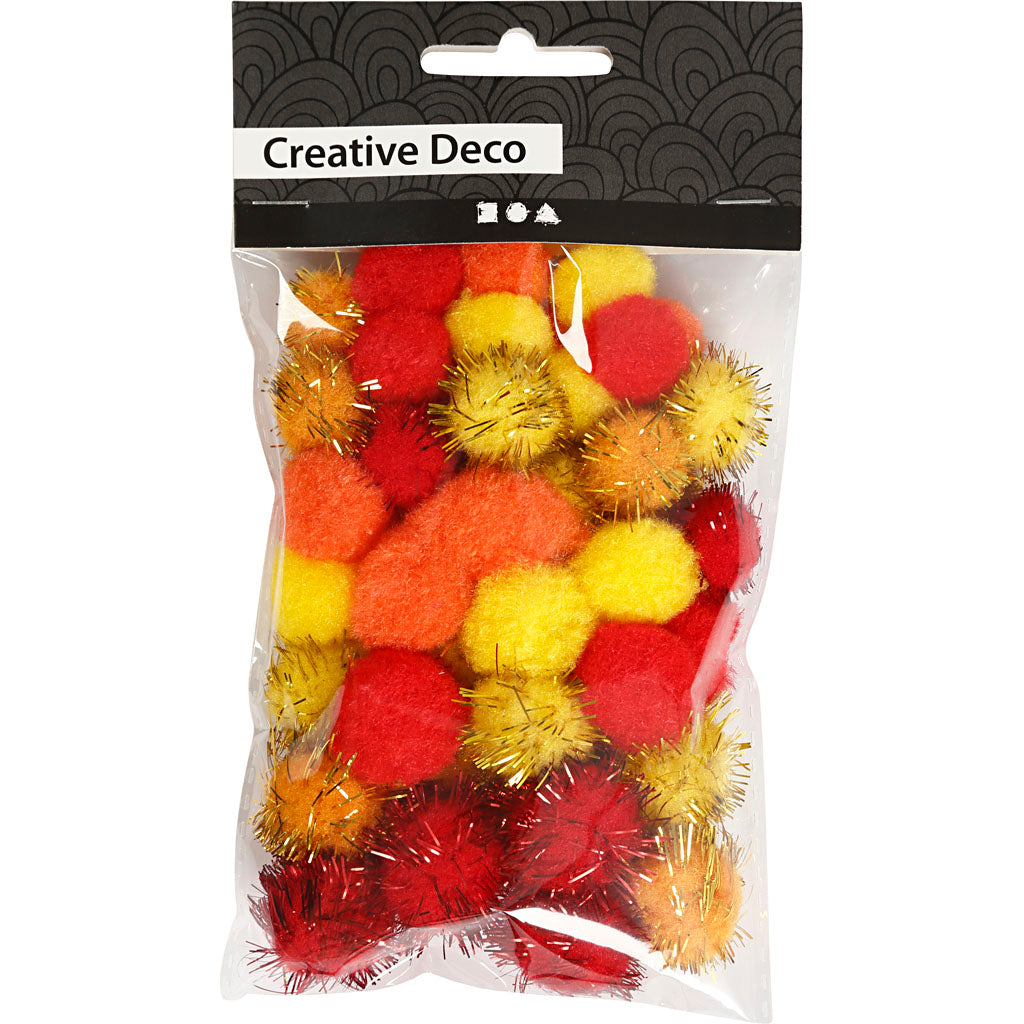 Pom poms, dia. 15+20 mm, orange, red, yellow, 48 asstd./ 1 pack [HOB-51882]