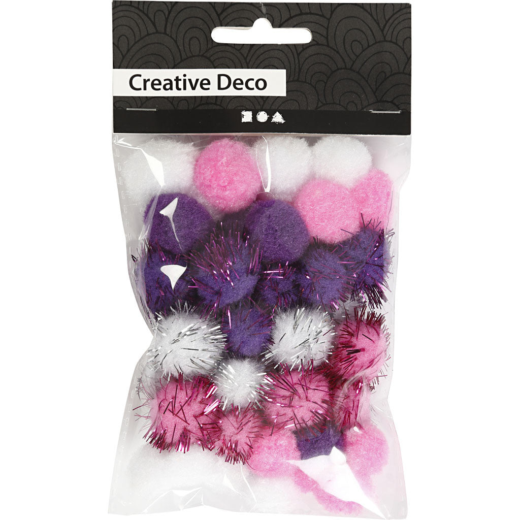Pom poms, dia. 15+20 mm, purple, light red, white, 48 asstd./ 1 pack [HOB-51884]