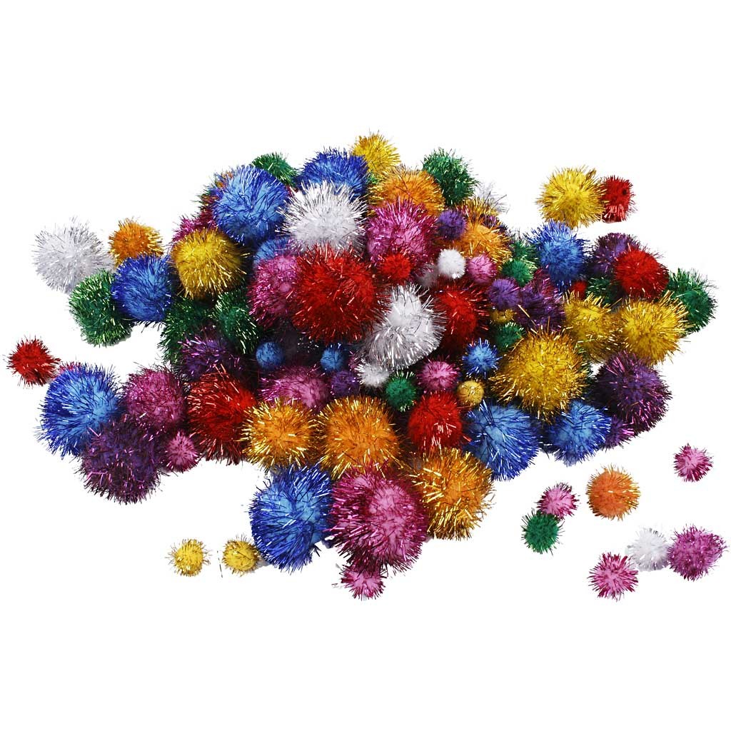 Pompoms, dia. 15-40 mm, glitter, ca. 400 pc, bold colours, 400 g/ 1 pack [HOB-51892]