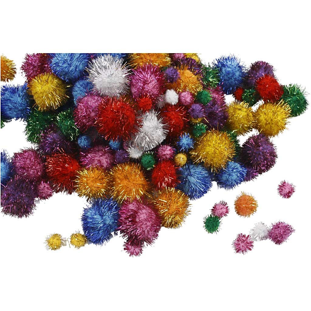 Pompoms, dia. 15-40 mm, glitter, ca. 400 pc, bold colours, 400 g/ 1 pack [HOB-51892]