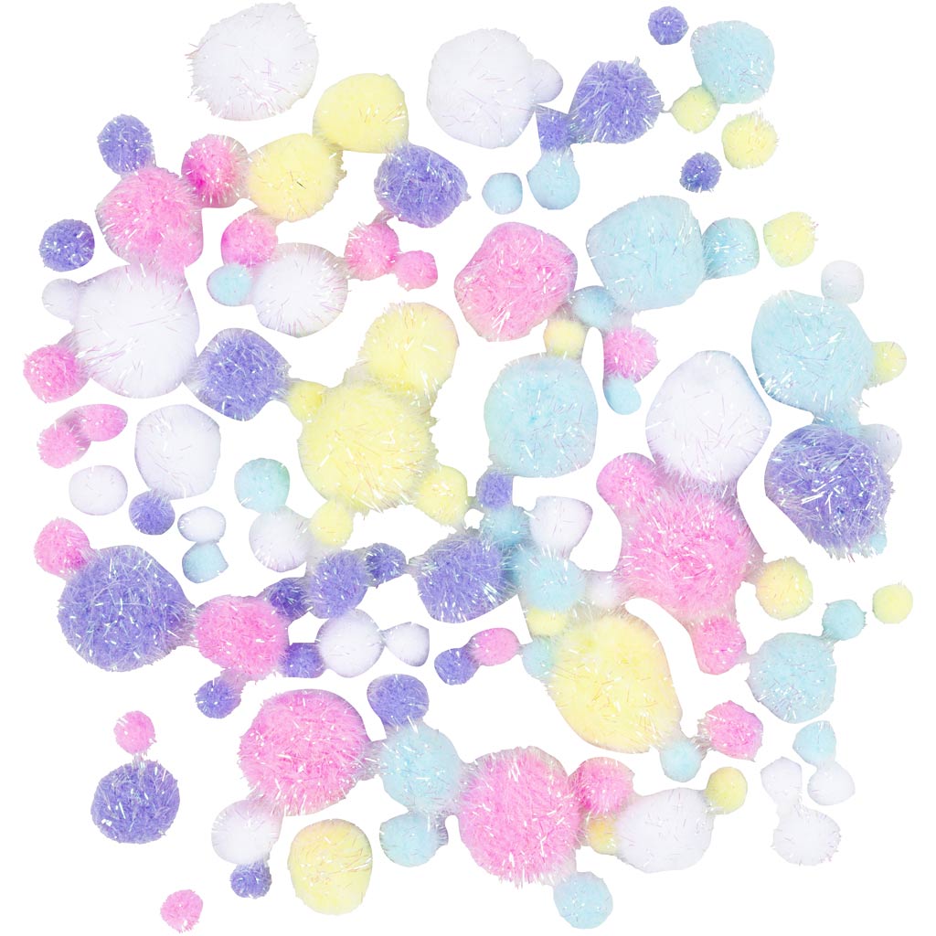 Pompoms, dia. 15-40 mm, glitter, ca. 75 pc, pastel colours, 62 g/ 1 pack [HOB-518950]