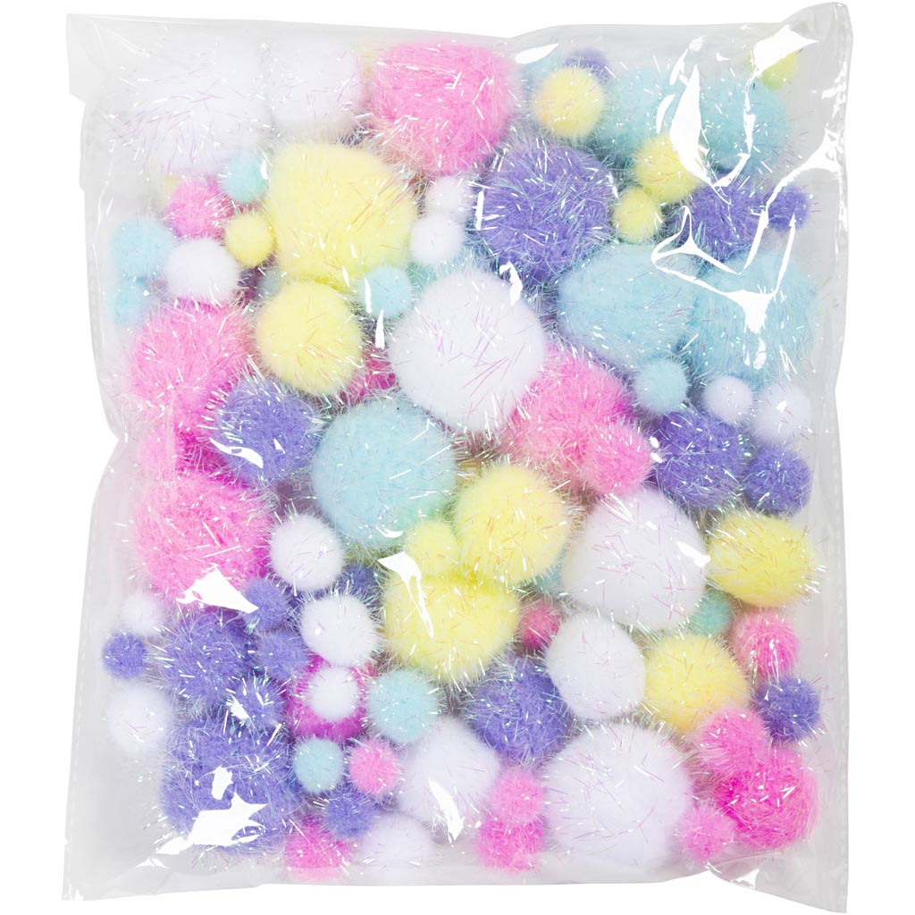 Pompoms, dia. 15-40 mm, glitter, ca. 75 pc, pastel colours, 62 g/ 1 pack [HOB-518950]