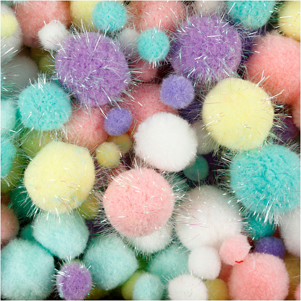 Pompoms, dia. 15-40 mm, glitter, ca. 400 pc, pastel colours, 400 g/ 1 pack [HOB-51895]