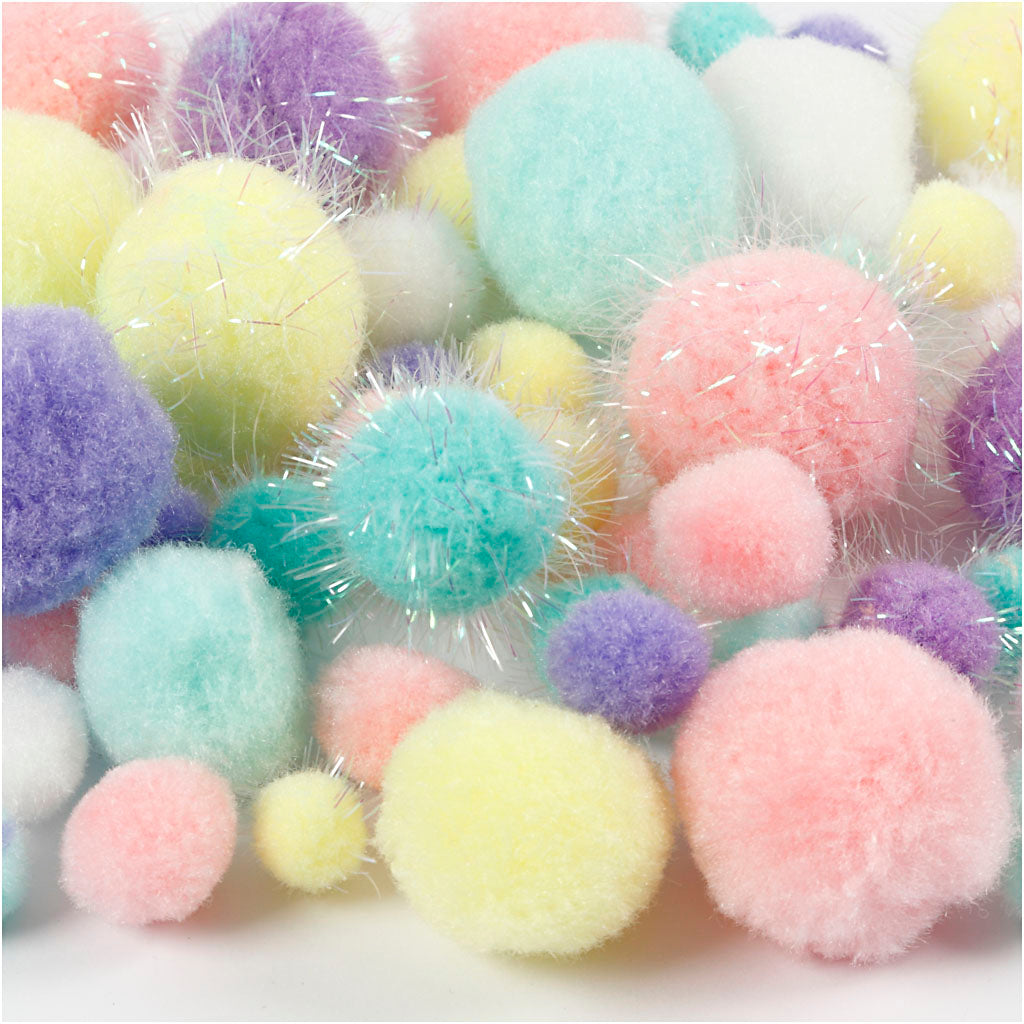 Pompoms, dia. 15-40 mm, glitter, ca. 400 pc, pastel colours, 400 g/ 1 pack [HOB-51895]