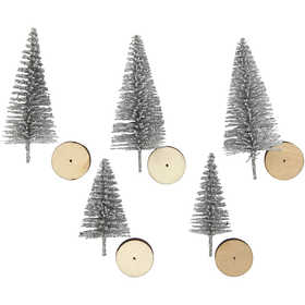 Christmas Spruce Trees, H: 40+60 mm, silver, 5 pc/ 1 pack [HOB-51958]