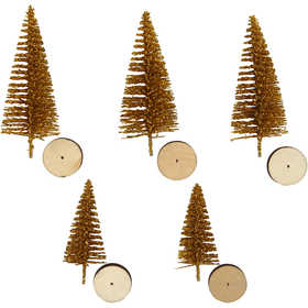 Christmas Spruce Trees, H: 40+60 mm, gold, 5 pc/ 1 pack [HOB-51959]