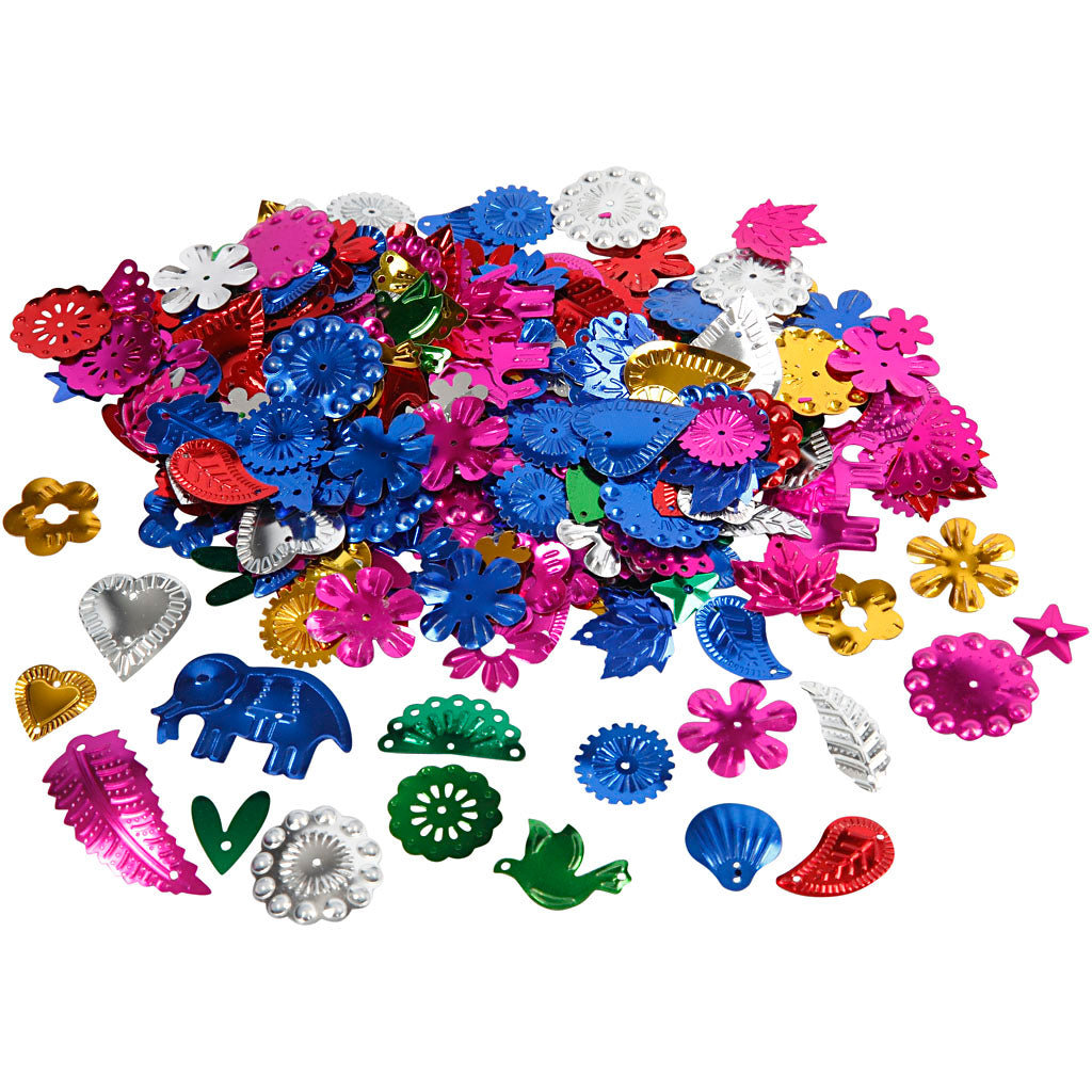Sequins, size 15-45 mm, bold colours, 30 g