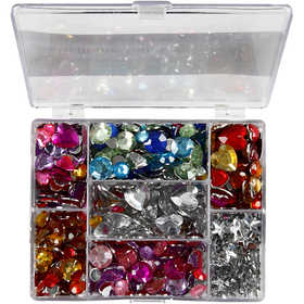 Rhinestones in Display Box, Rounds. stars. hearts, dia. 6+7+9+10+11+12+14+16 mm, blue, pink, silver, 300 pc/ 1 pack [HOB-52315]
