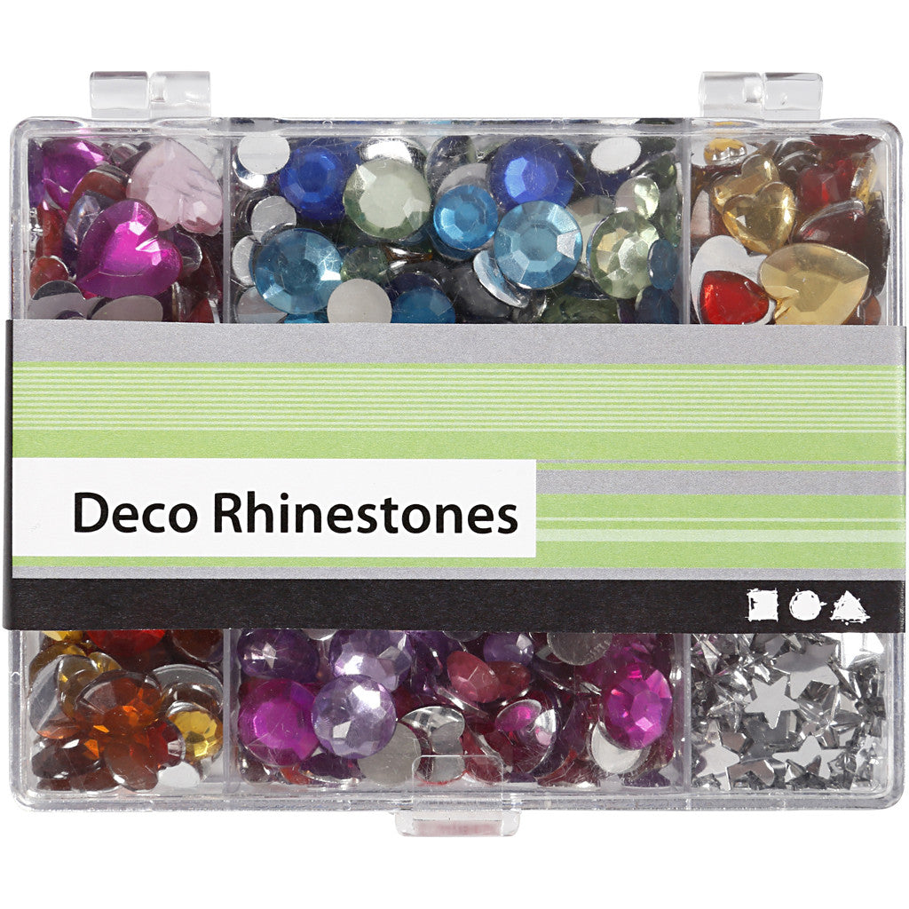 Rhinestones in Display Box, Rounds. stars. hearts, dia. 6+7+9+10+11+12+14+16 mm, blue, pink, silver, 300 pc/ 1 pack [HOB-52315]
