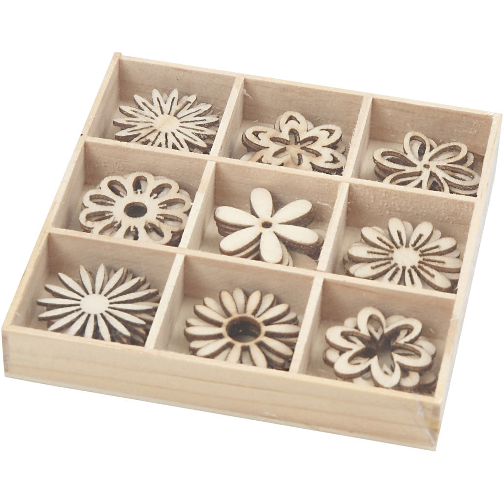 Wooden decorations, flowers, size 28 mm, 45 pc/ 1 pack [HOB-52376]