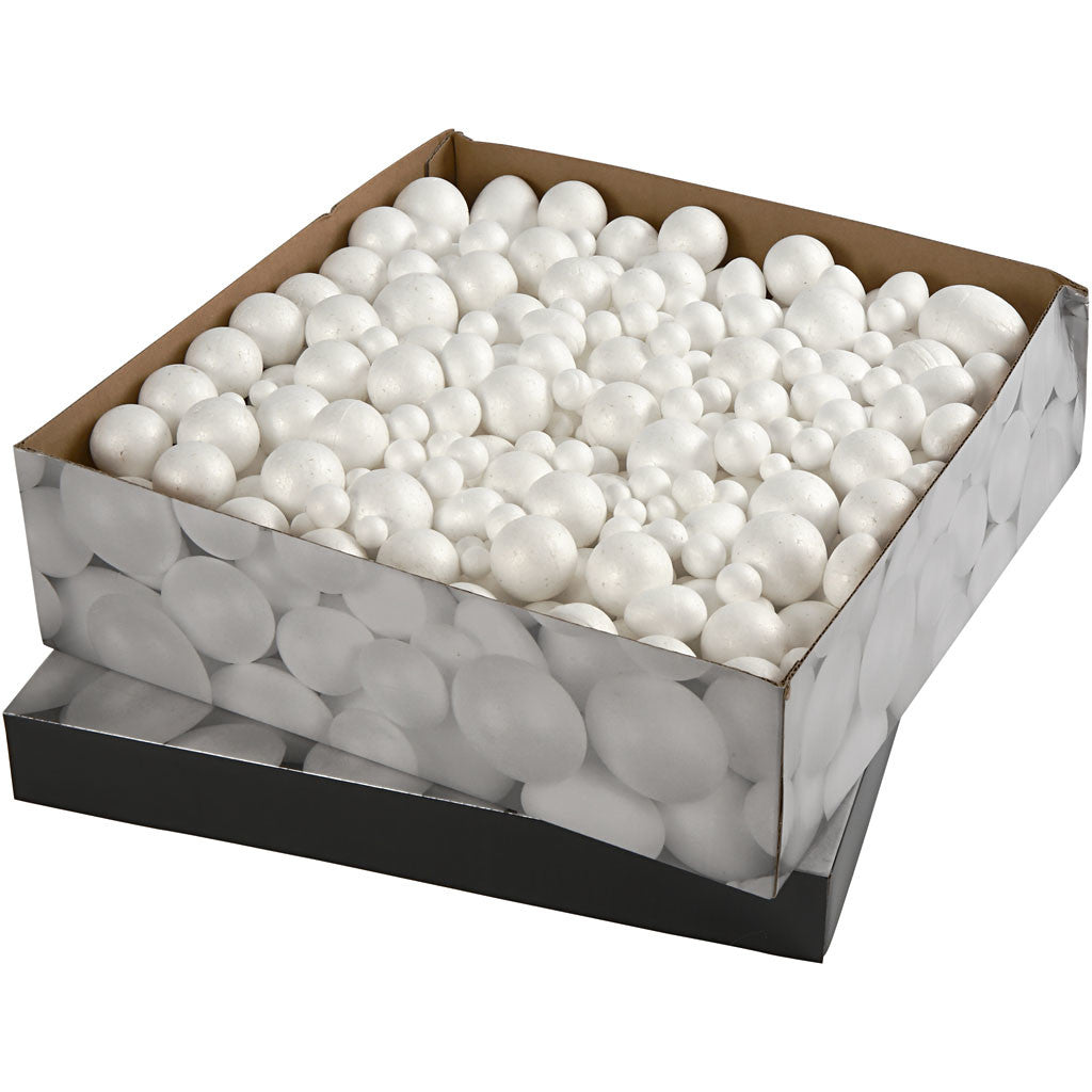 Polystyrene Balls & Eggs, size 1,5-6,1 cm, white, 550 pc/ 1 pack [HOB-54379]