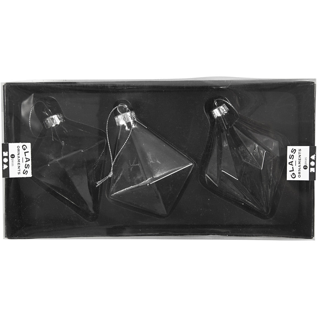 Glass Ornaments, H: 9,6+9,8+10,5 cm, dia. 7+7,9+8 cm, transparent, 3 pc/ 1 pack [HOB-55901]