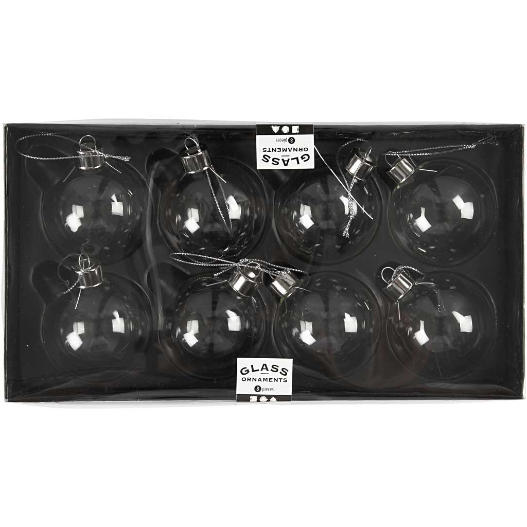 Glass Ornaments, H: 6,9 cm, dia. 5,9 cm, transparent, 8 pc/ 1 pack [HOB-55942]