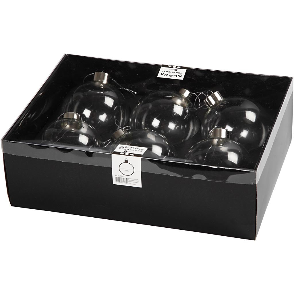 Glass Ornaments, H: 8,9 cm, dia. 7,9 cm, transparent, 6 pc/ 1 pack [HOB-55943]