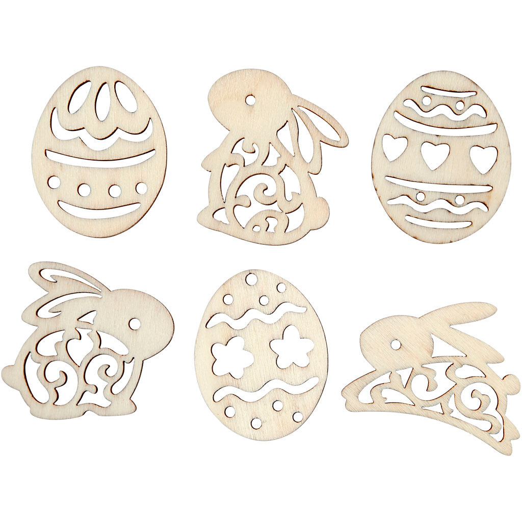 Wooden decorations, easter eggs and bunnies, H: 40 mm, thickness 3 mm, 24 pc